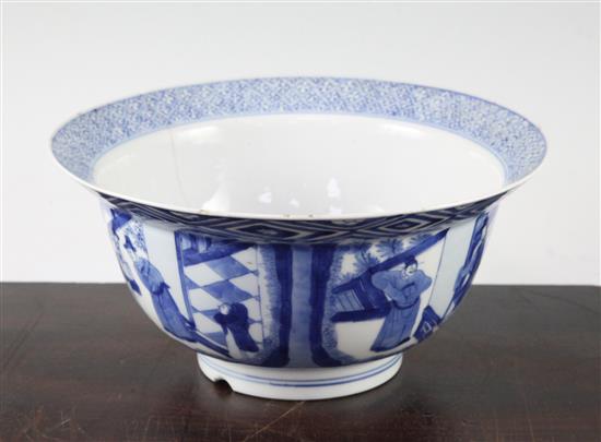 A Chinese blue and white flared bowl, Kangxi six character mark and of the period, 20cm diam., cracked